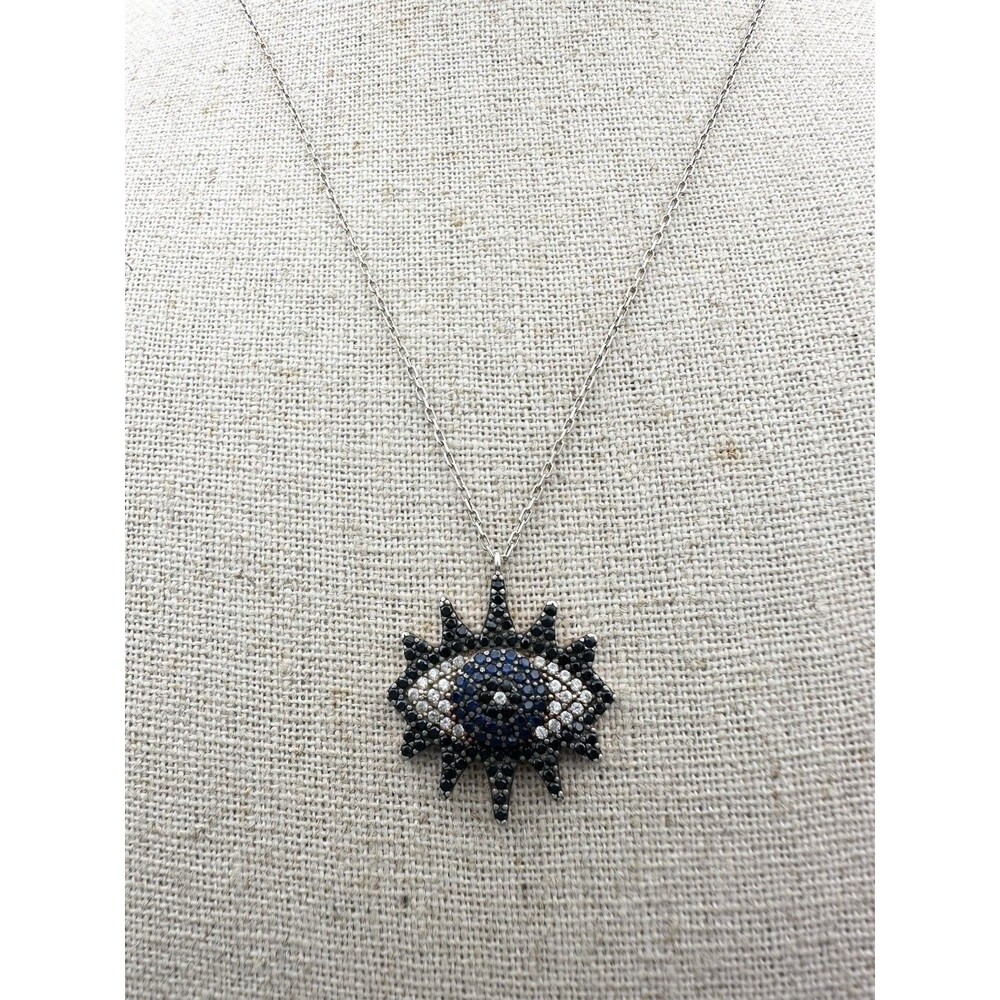 925 Sterling Silver Evil Eye Necklace Blue Black Gemstone 18”
